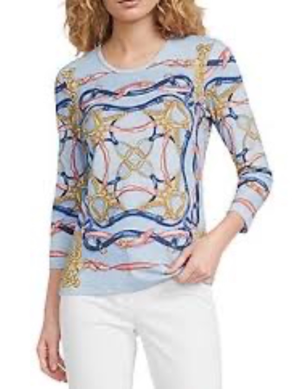 J. McLaughlin Blue Pink Gold Equestrian Print Catalina Cloth Top Women's Size L - Picture 3 of 9